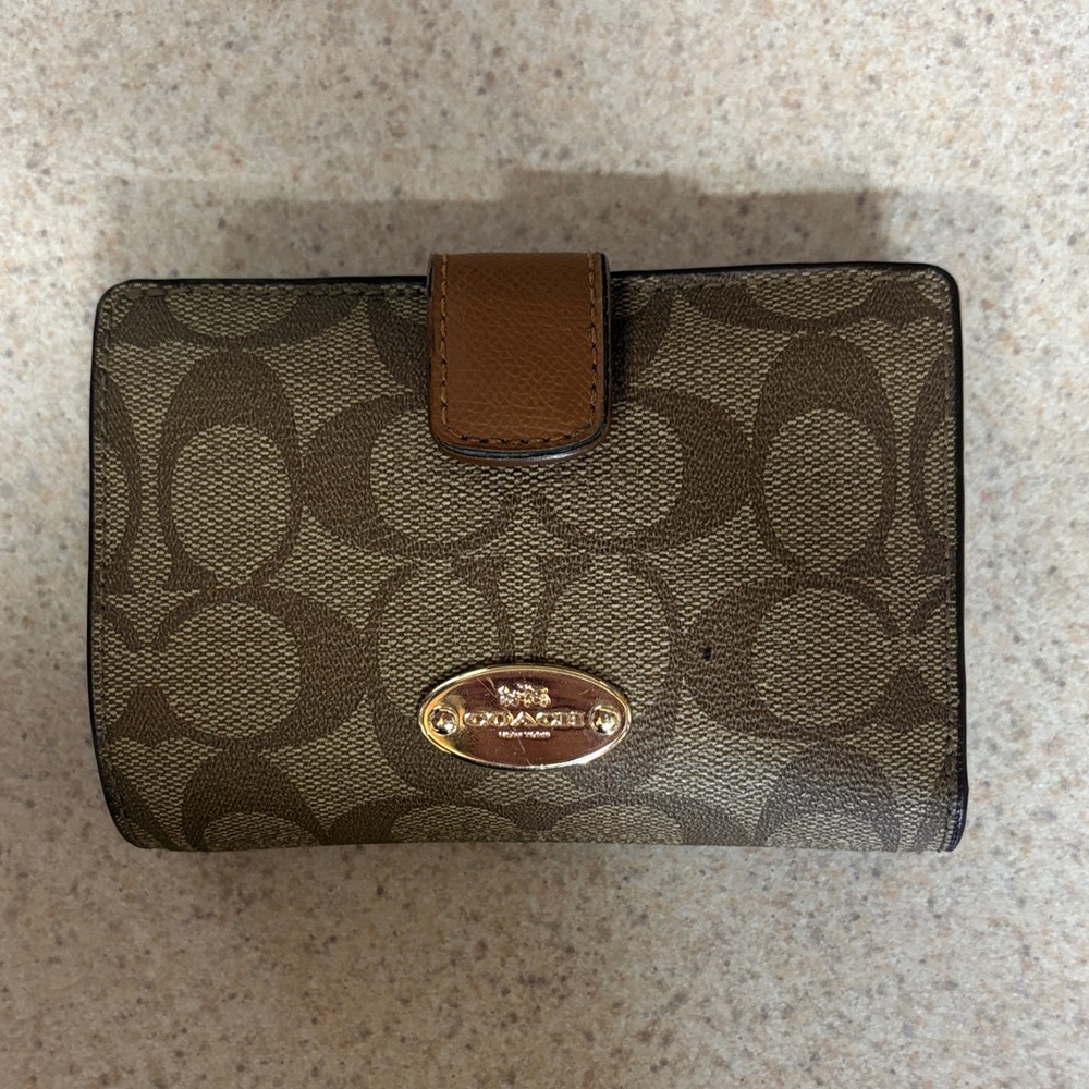 Coach Brown Signature Canvas Wallet with Gold Plaque